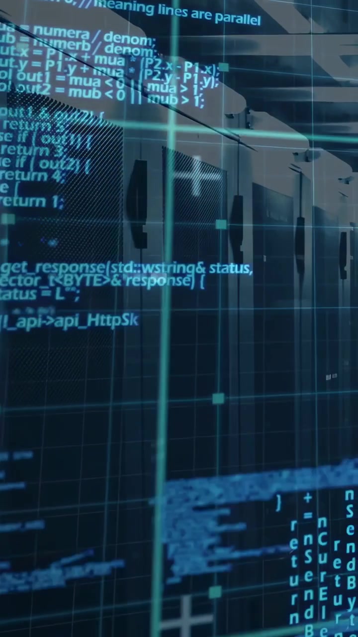 Vertical video: Server racks receiving scan, showing scrolling code, shifting view to show health