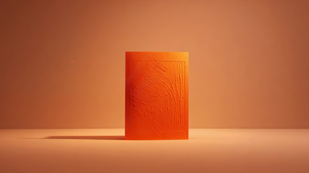 Luce mutevole che enfatizza un pannello arancione texturizzato sul piano del tavolo, allungando un'ombra soffice verso sinistra