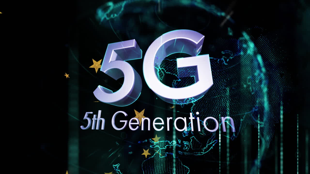 3D-rendered 5G text floating above digital globe, with glowing data clusters and metallic stars
