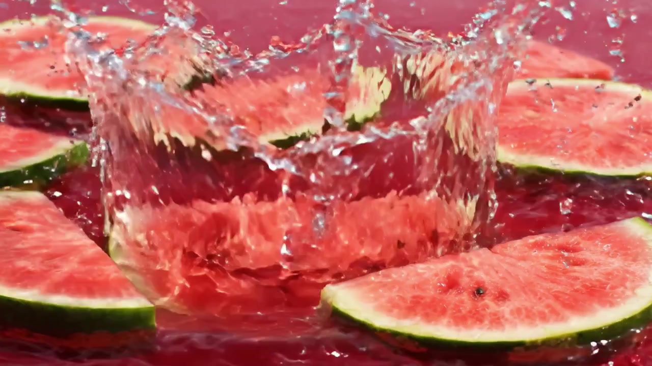 Forfriskende skiver av vannmelon som flyter i livlig rød væske, fanger essensen av sommeren med saftig frukt og lyse farger i fantastisk detalj