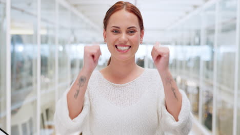 winner, face and thumbs up of woman in office