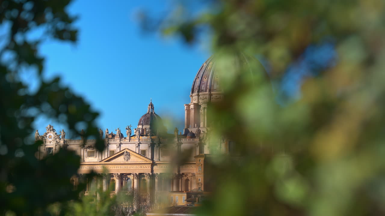 The dome of Saint Peter's Basilica in Vatican city. Green leafs in foreground. Sunset in Italy