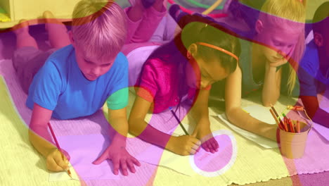 animation of colorful shapes over diverse schoolchildren drawing