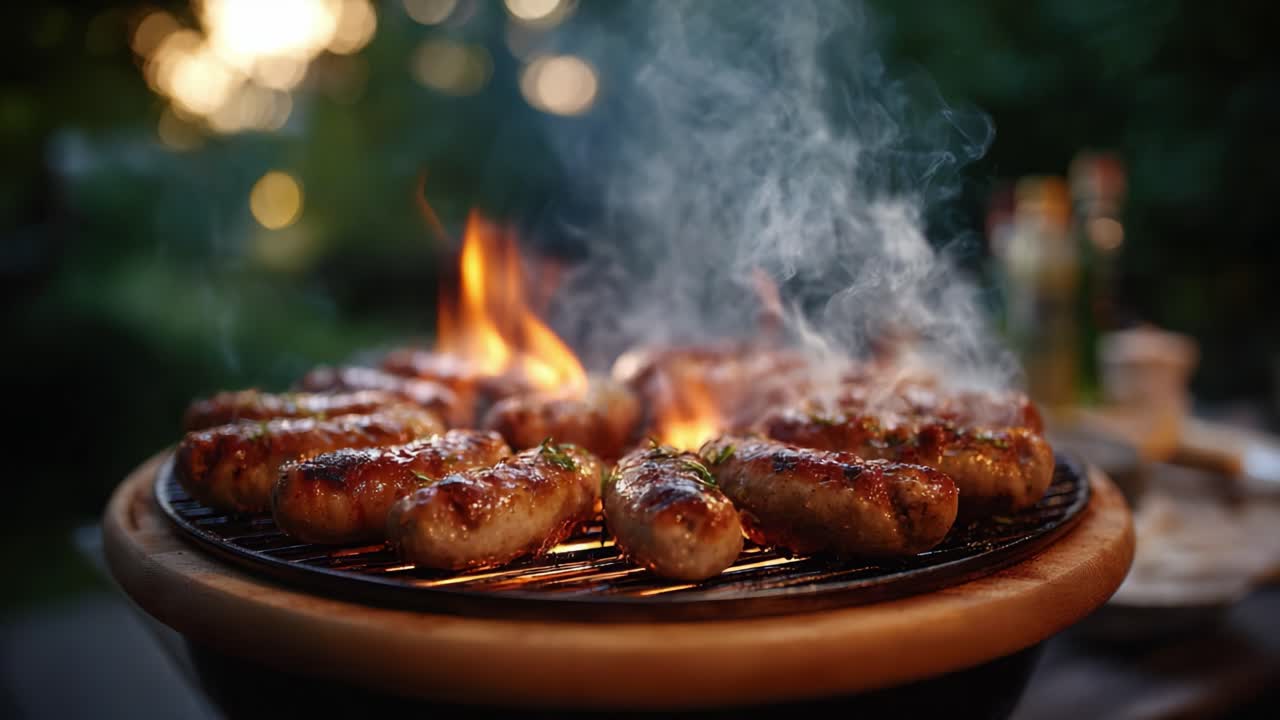Barbeküde lezzetli ızgara sosisler, mükemmel bir yaz barbeküsü deneyiminin cızırtılı alevlerini ve lezzetli aromasını yakalıyor.