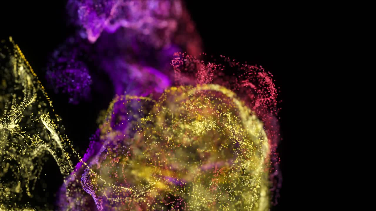 Animazione di nuvole di particelle rosa e gialle che si muovono su sfondo nero.