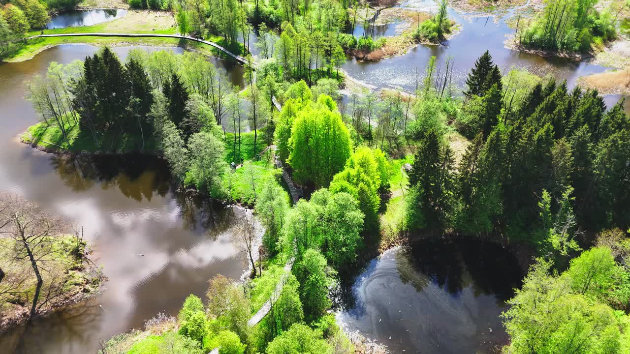 From Kirkilai Tower, a Picturesque Landscape of Winding Boardwalks, Calm Karst Lakes, and Lush Forest Unfolds in Biržai Regional Park, Lithuania - Aerial Drone Shot