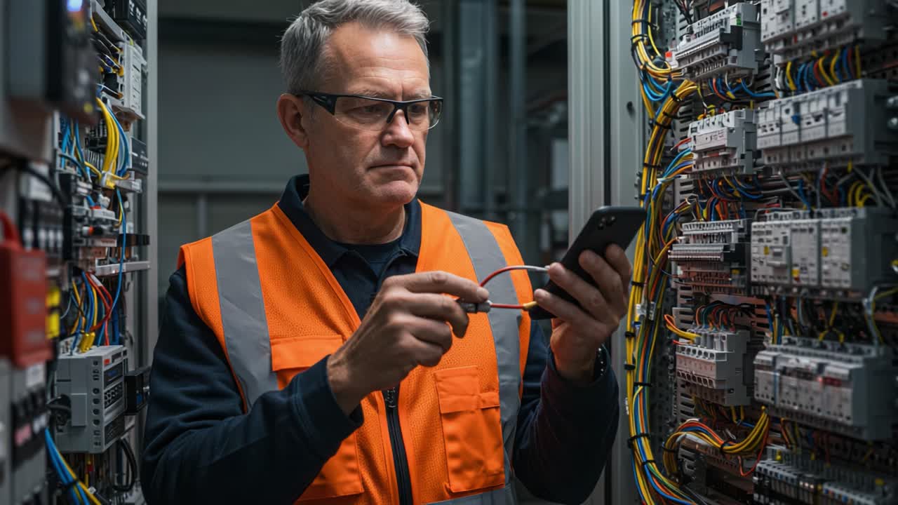 A focused technician in an orange safety vest interacts with a smartphone while inspecting intricate electrical panels and wiring in a control room environment, highlighting precision and technology.