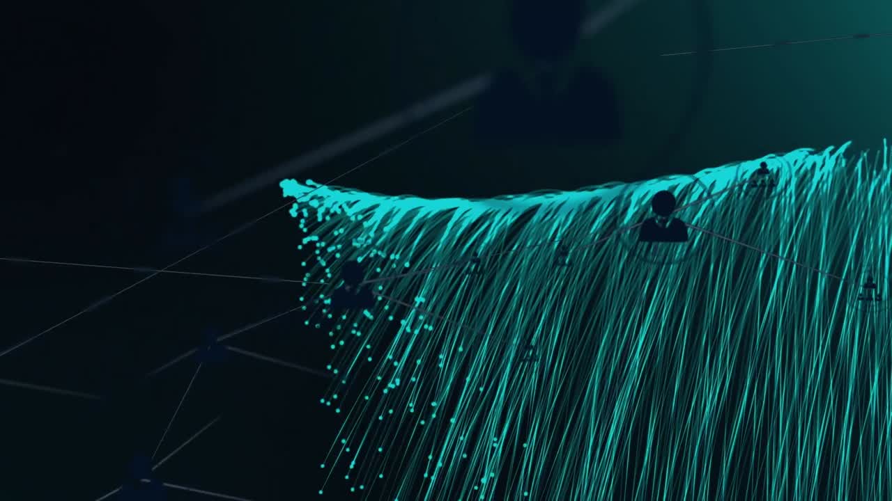 Animation of network of connections over blue energy on black background