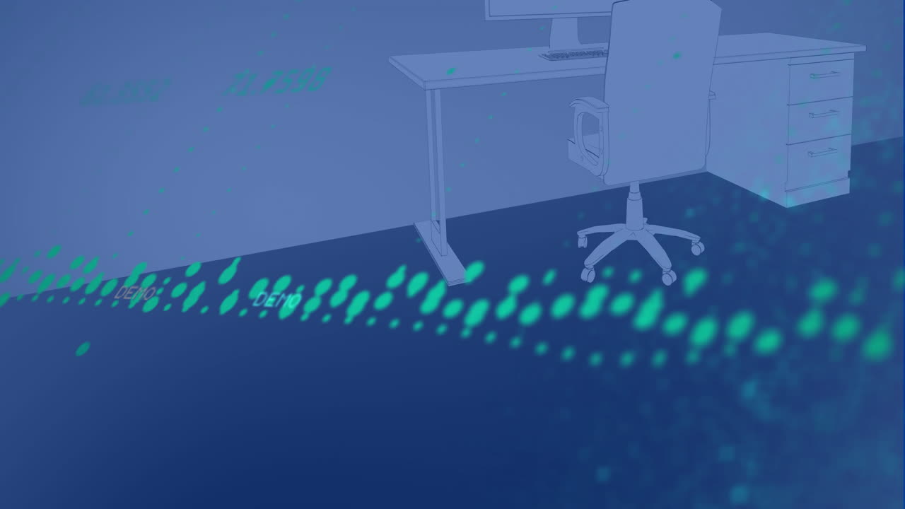 Digital data stream animation over modern office desk and chair setup