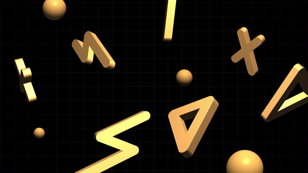 animación de bucle de formas geométricas 3d abstractas. fondo divertido moderno, fondo de diseño de movimiento sin costuras, salvapantallas. cartel o pancarta animada. objetos dorados flotantes y giratorios, estilo memphis