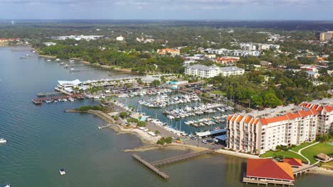 drone footage over downtown dunedin, florida marina with boats and the gulf of mexico and tampa bay