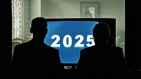 a couple watches television with the year 2025 displayed on the screen.