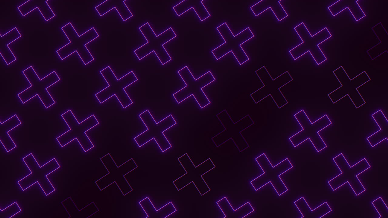 Seamless neon purple crosses pattern in rows on black gradient