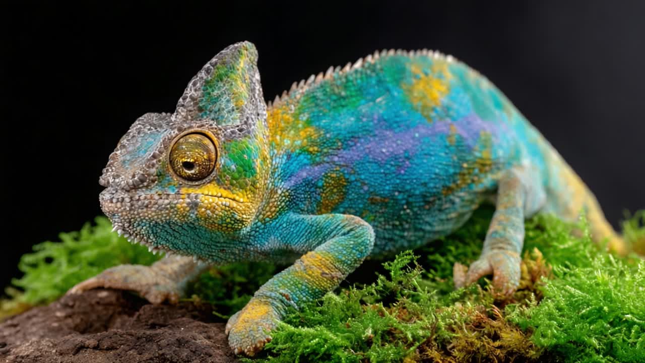 A Vibrant Chameleon Resting on Lush Green Moss, Showcasing Its Beautiful Multicolored Scales and Unique Features in a Close-Up View