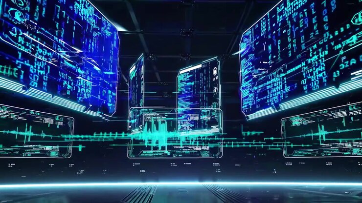 Futuristic Digital Data Interface with Floating Holographic Screens