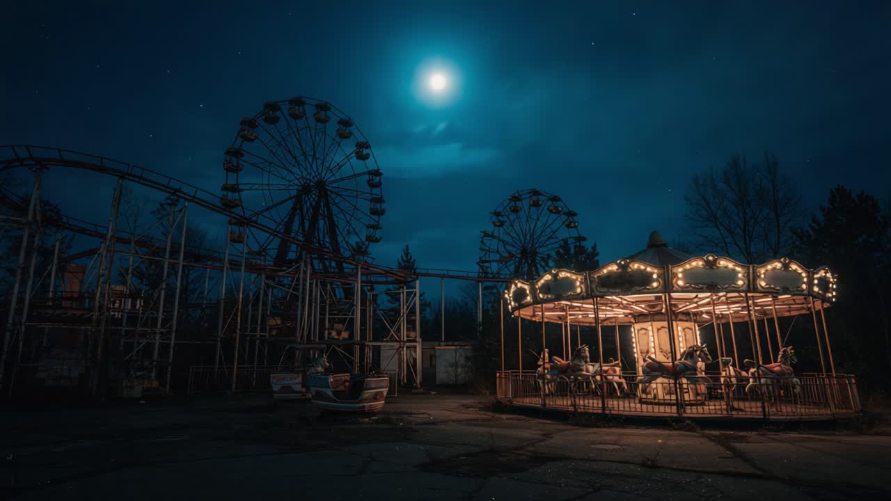 A Hauntingly Beautiful Night at the Abandoned Amusement Park Featuring a Carousel Under the Moonlit Sky and Surrounding Distant Ferris Wheel
