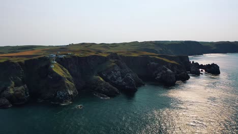 Scotland's-Aerial-Panorama:-Majestic-Coastline-and-Cliffs-of-St-Abbs-Head-and-Lighthouse,-United-Kingdom