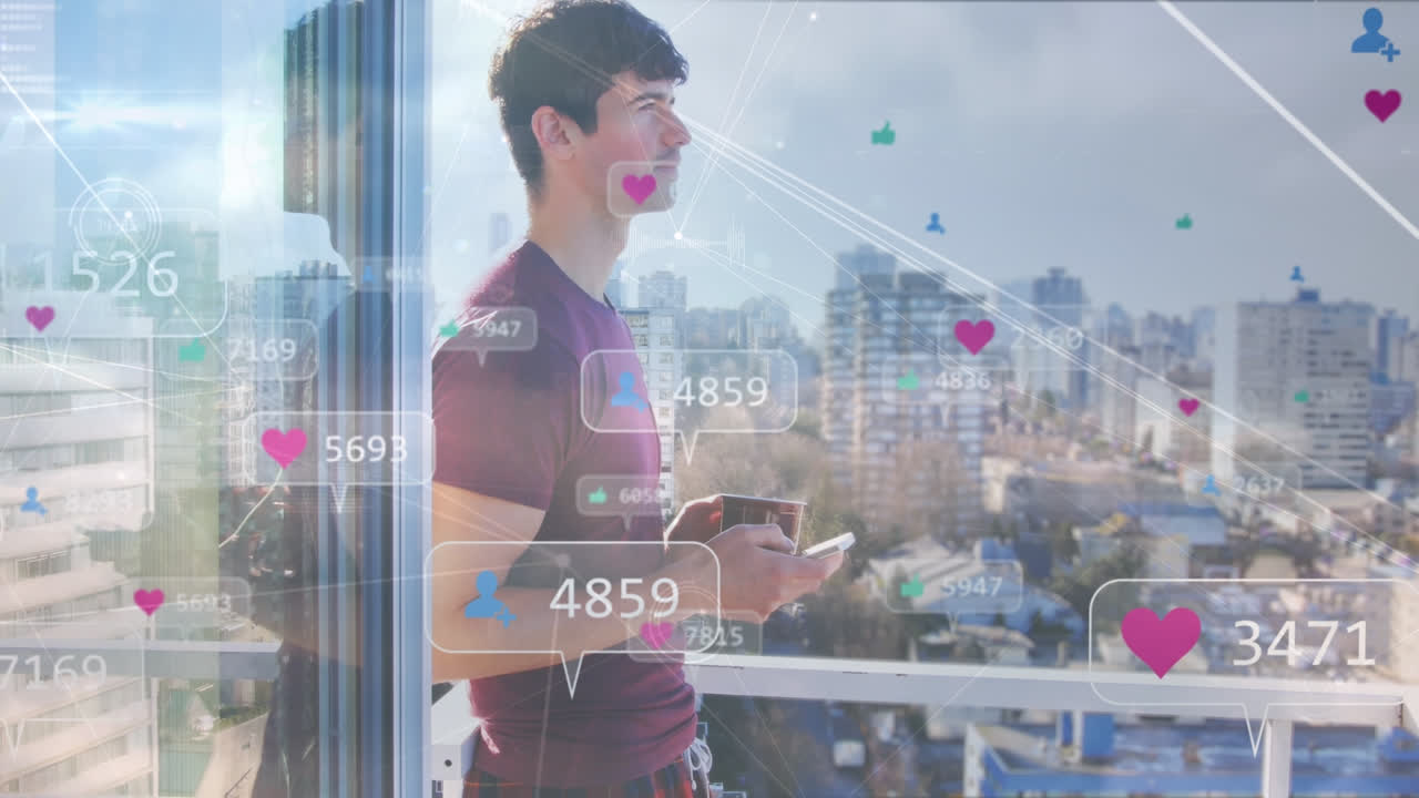 카우카스 남성의 미디어 아이콘과 연결 네트워크의 애니메이션을 사용하여 considerphone