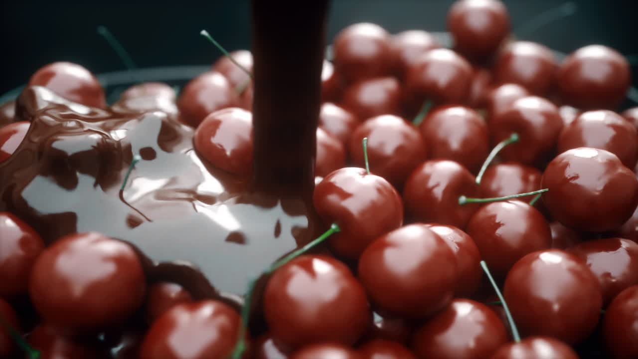 chocolate derretido vertiendo sobre las cerezas