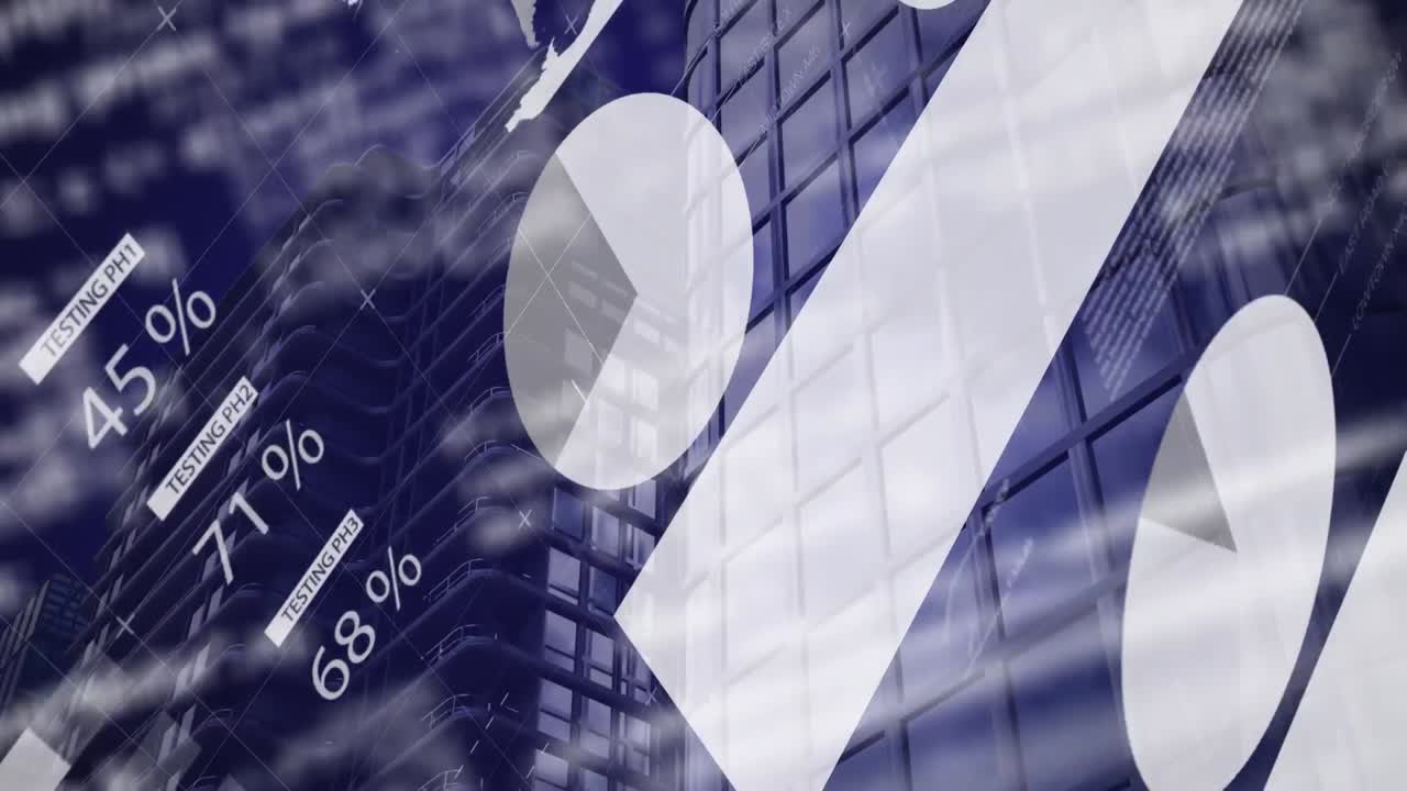 현대적인 사무실 건물에서 금융 데이터 처리의 애니메이션