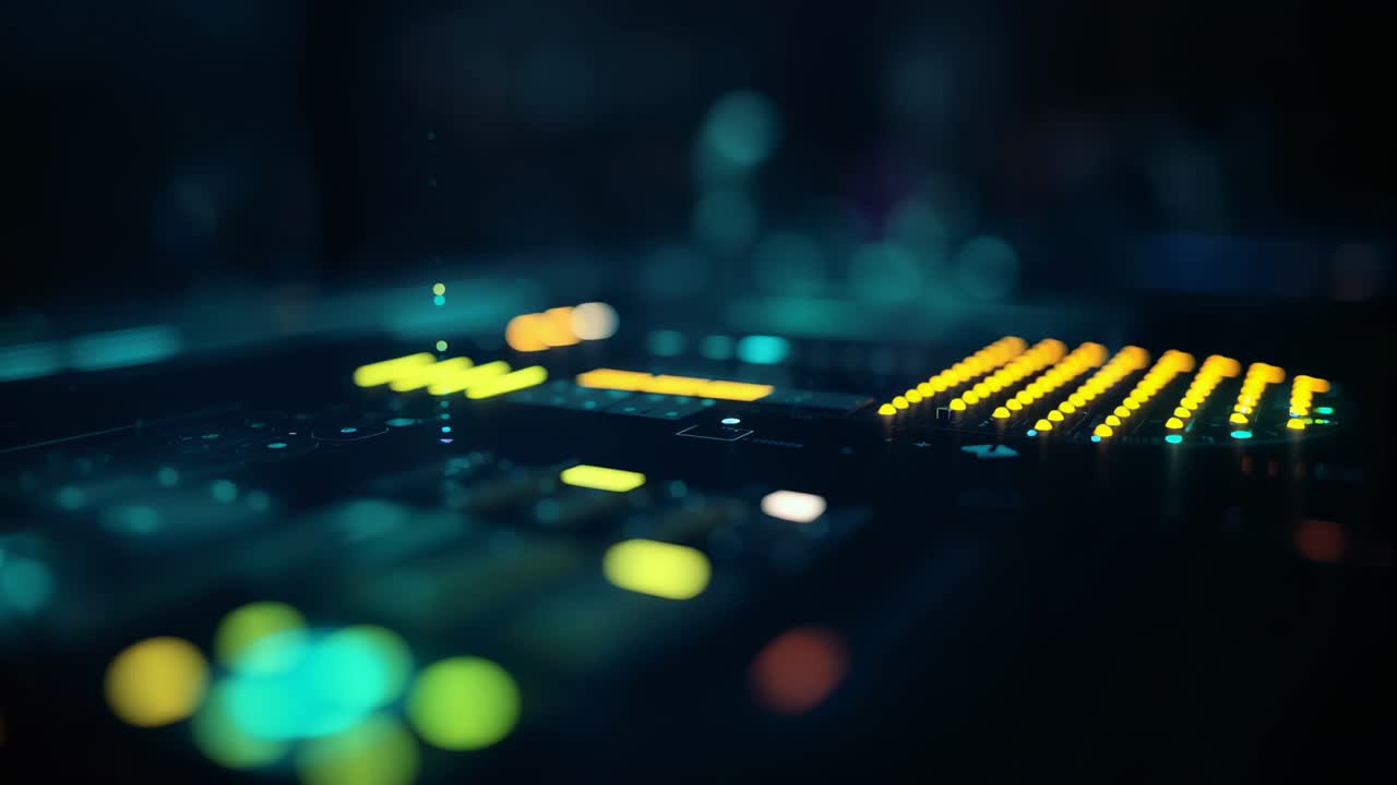 Pulsing audio mixing console displaying LED level meters in dark studio, with faders bokeh lights