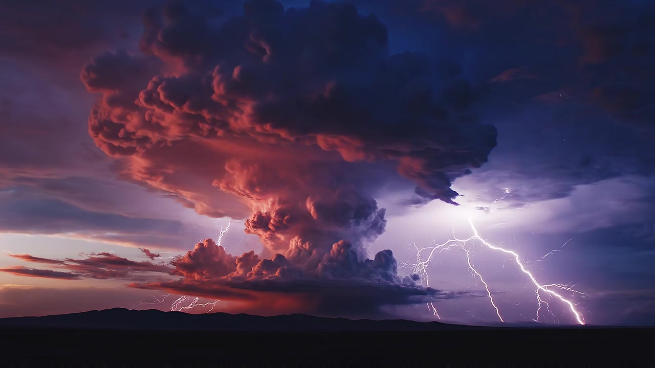 Drammatica nube temporalesca supercella con fulmini al tramonto