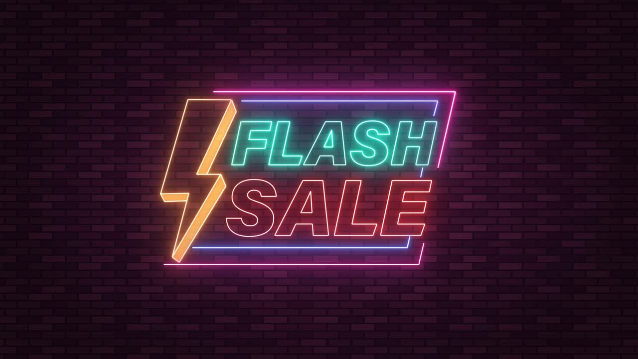 Animiertes Neon-Flash-Sale-Schild mit Blitz-Icon flackert auf dunkler Ziegelmauer