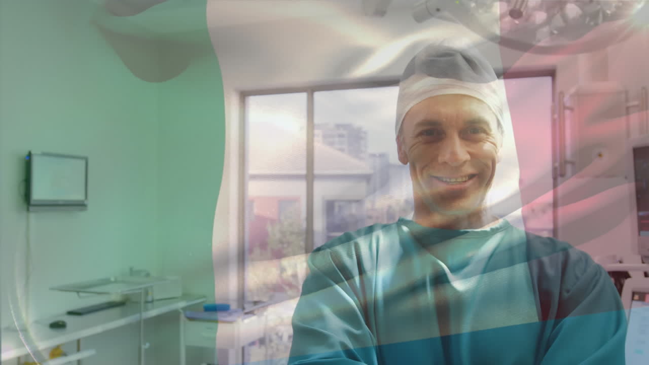 animación de la bandera de italia ondeando sobre los cirujanos en el quirófano