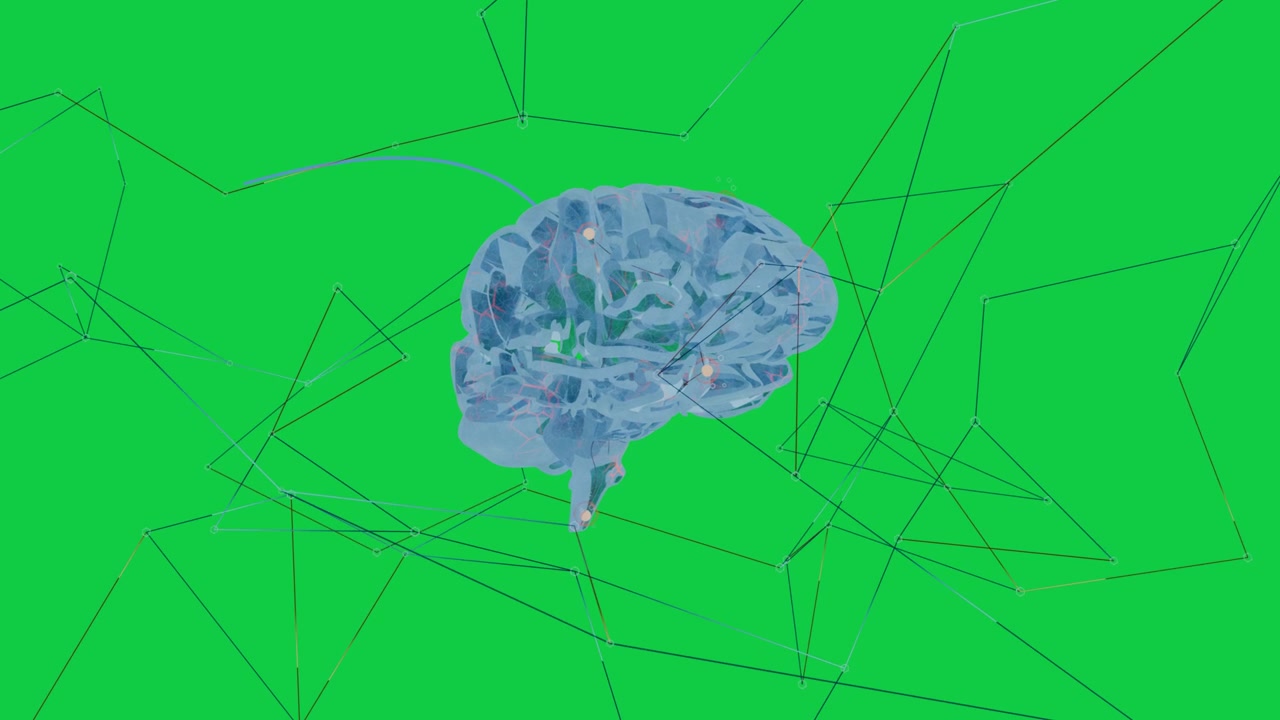 Curved arc sparking blue brain expanding rotating lighting nodes showing flow on transparent bg