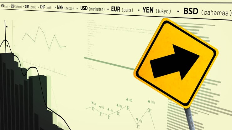 Animation of financial data processing and road sign over yellow background