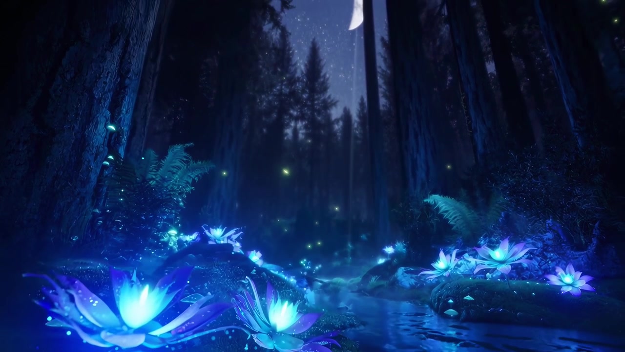 夜晚魔法迷人森林中的發光生物螢光花朵