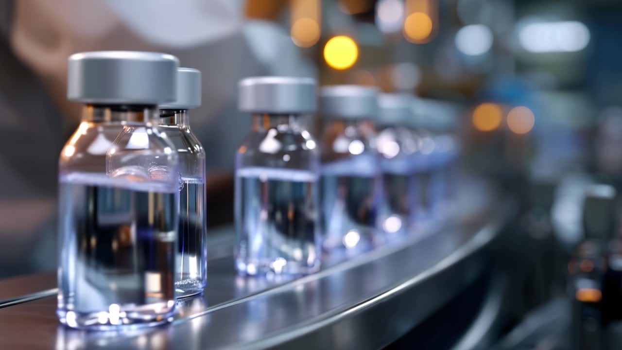 Bottiglie ad alta tecnologia su un nastro trasportatore in una moderna struttura di produzione per soluzioni farmaceutiche con messa a fuoco e chiarezza migliorate sulle fiale di vetro.