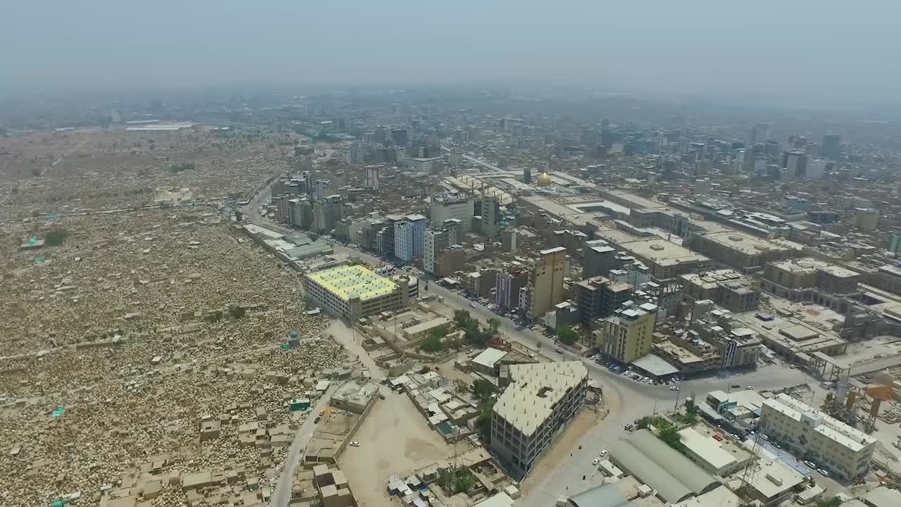 aerial footage of Wadi Al-Salam Cemetery in Najaf city