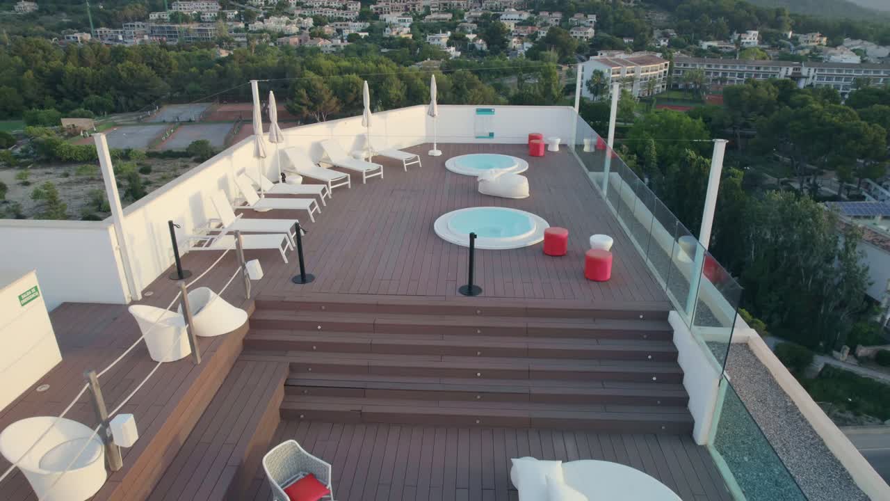 Aerial shot of roof of Melia Palma Marina hotel during morning in Mallorca, Spain.