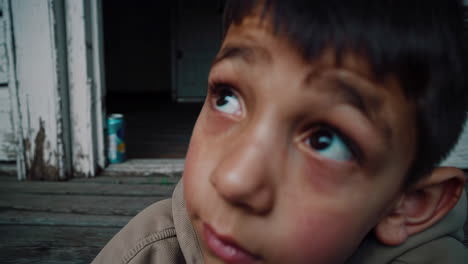 a young boy sitting on a porch