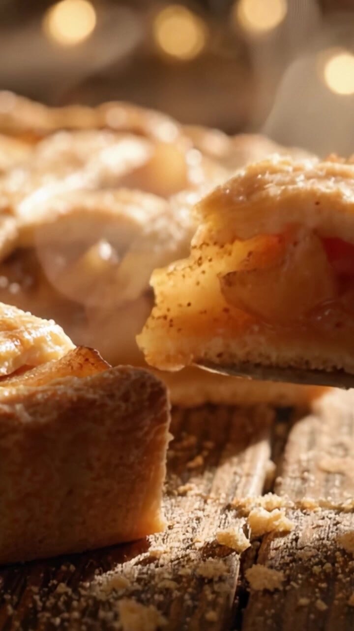 Deliciously Golden Apple Pie Slices on Rustic Wooden Surface with Warm Bokeh Glow - A Tempting Dessert for Any Occasion