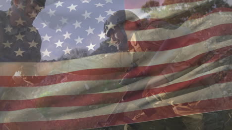 animation of flag of usa over diverse male soldiers