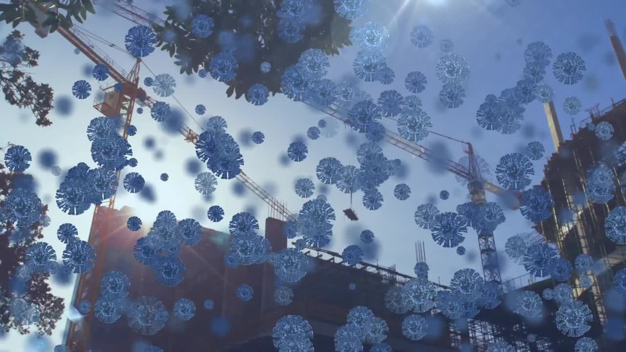 도시 풍경 위에 떠다니는 거대한 코로나19 세포의 애니메이션