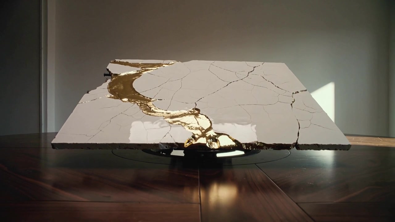 Mount spinning, cracked slab rotating and settling on wooden table, revealing gold-filled fissure