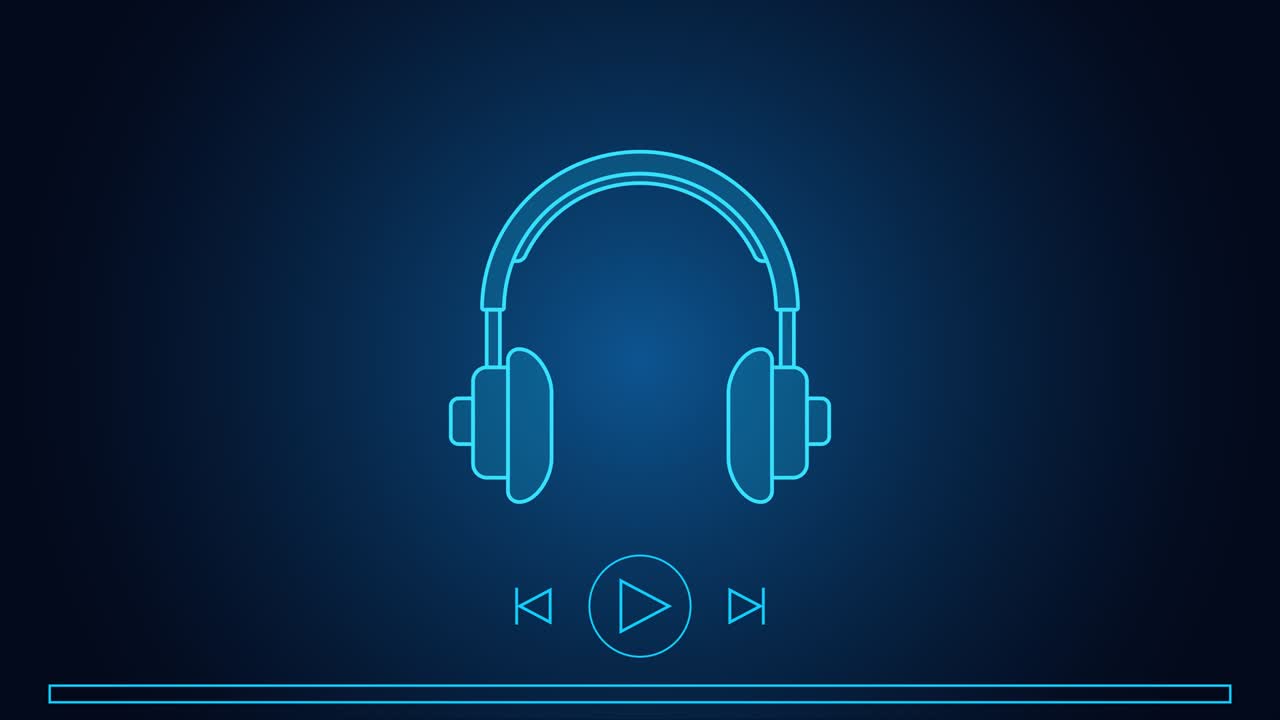 animación 4k. icono de auricular de auriculares en diseño de neón hud. gadget de audio, efecto de salpicaduras. panel de sonido con ecualizador de música, configuraciones de reproductor, gráficos en movimiento. onda de sonido entre los auriculares.