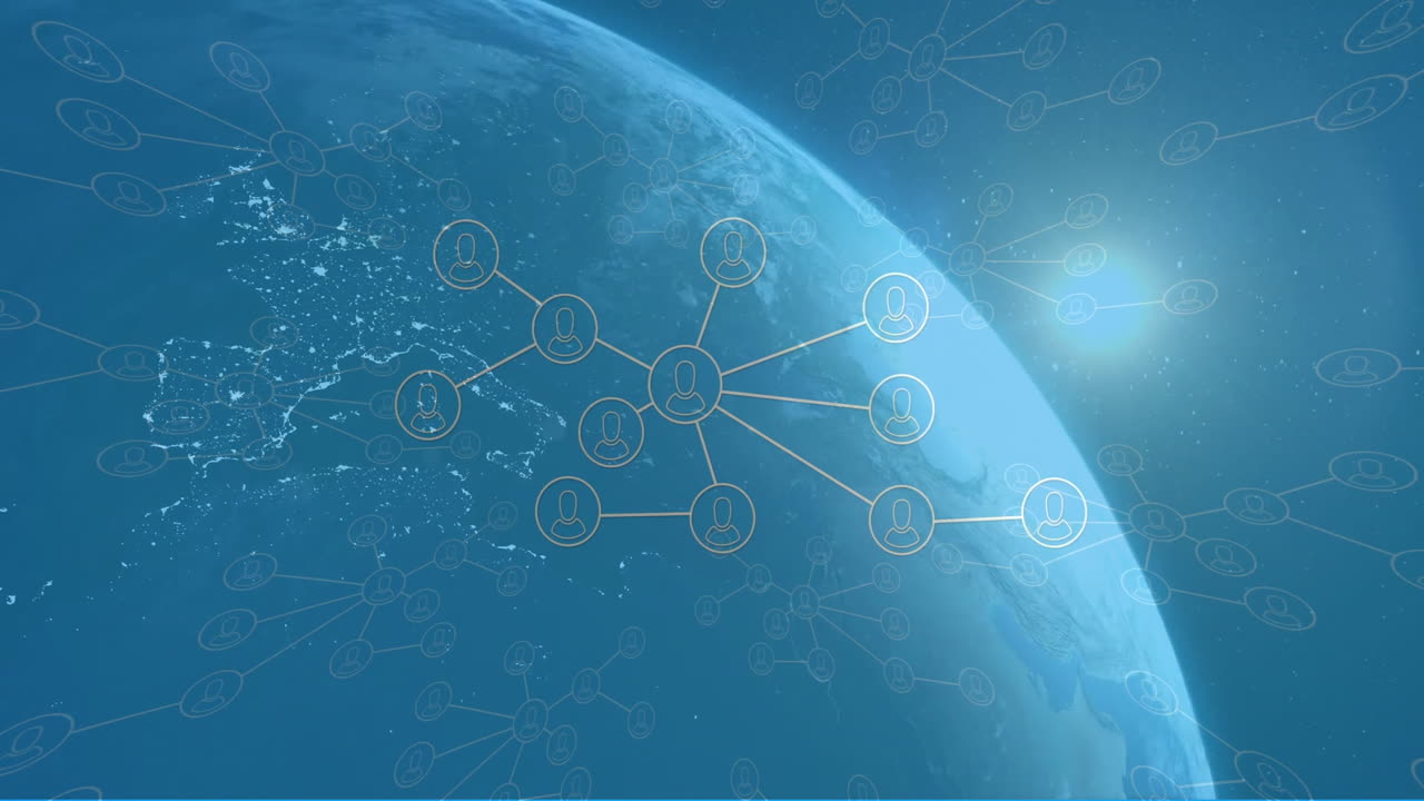 Network of connections and data processing animation over Earth from space