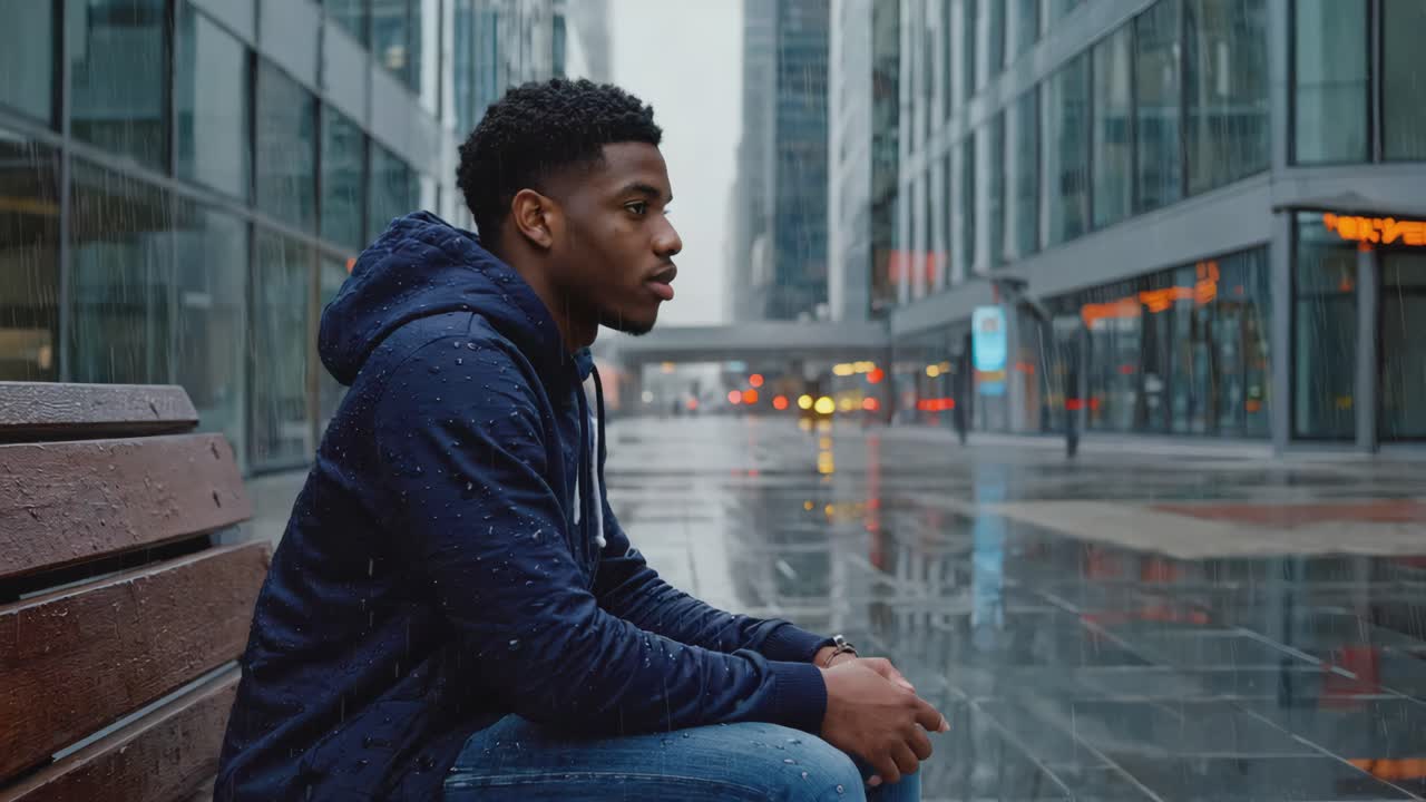 Man Sitting on Bench in Rainy City