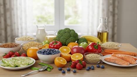 vibrant arrangement of fresh fruits, vegetables, and healthy ingredients posing an inviting culinary display in a bright kitchen setting