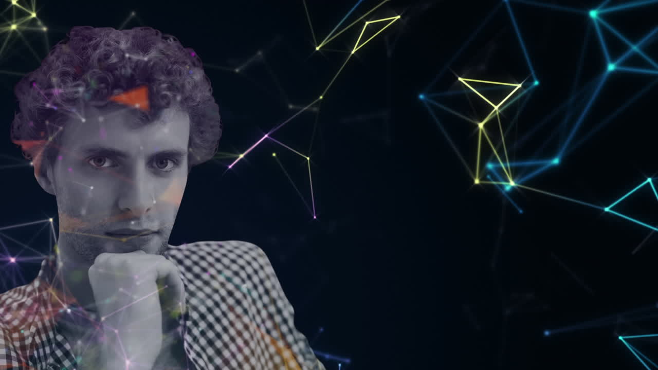 animación del retrato de un hombre que piensa a través de una red de conexiones coloridas