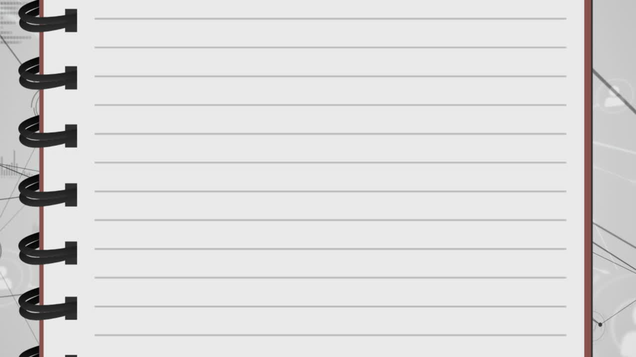 Animation of notebook over network of connections and data processing on grey background
