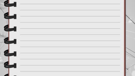 animation of notebook over network of connections and data processing on grey background