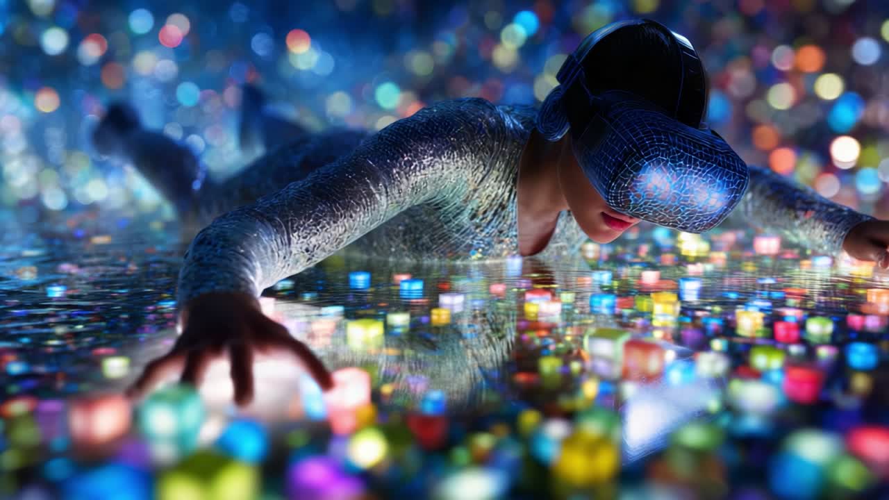 Immersive Virtual Reality Experience: A Futuristic Exploration Depicting a User Engaging with Digital Cubes in a Colorful and Luminous Environment, Blending Technology and Imagination Creatively
