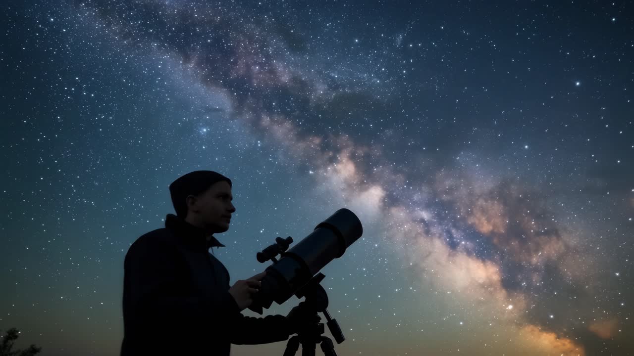 Silhouette of a person with a telescope under a starry sky, capturing the Milky Way