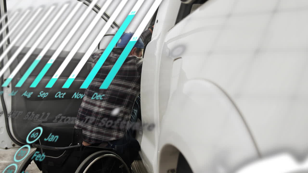 Entering vehicle, person in wheelchair with calendar animation overlay visible