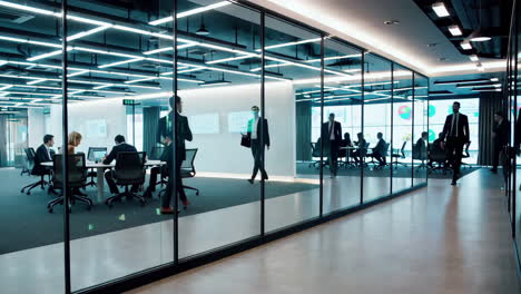 business professionals working and moving through a modern office